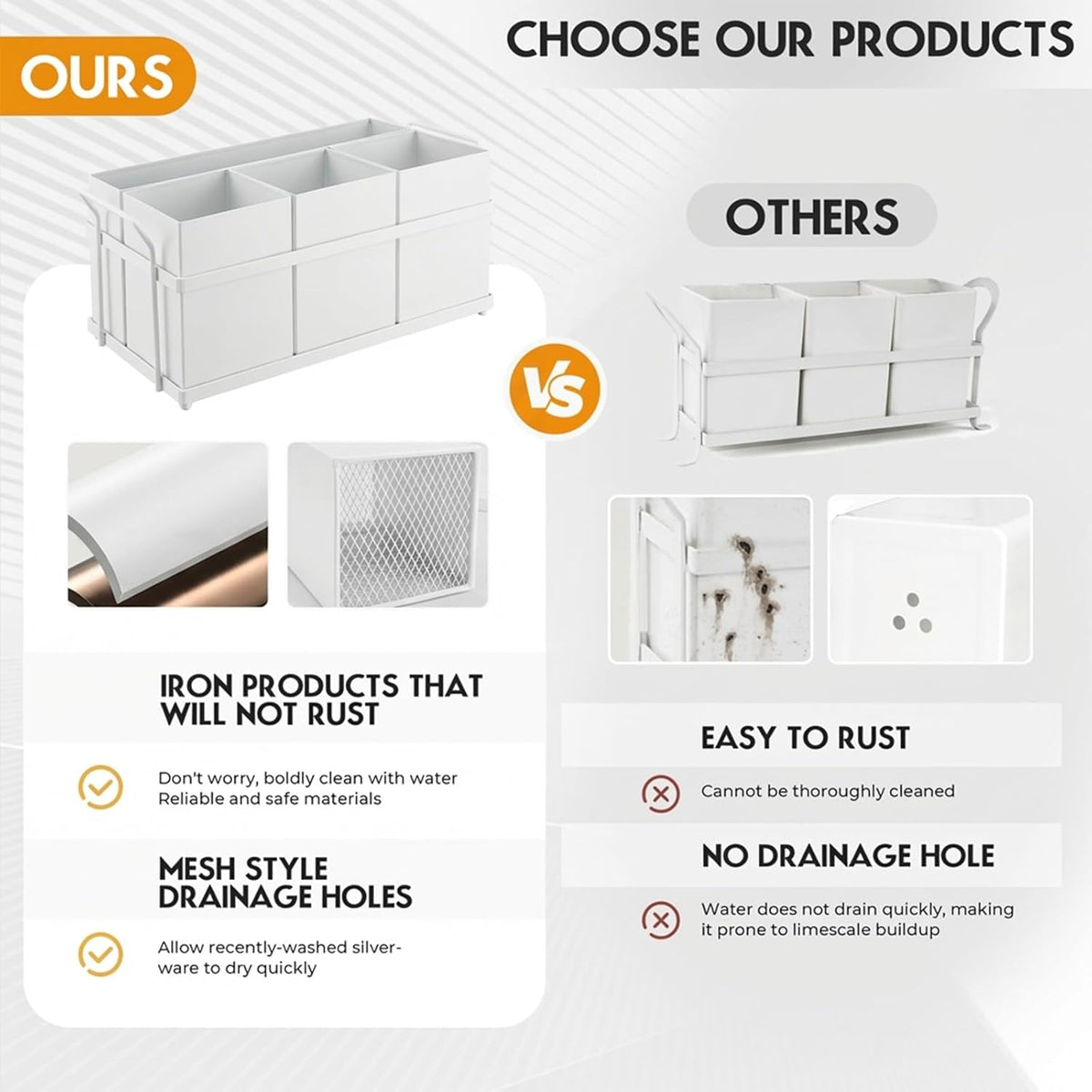 Utensil Holder Mesh Drainage Holes, 3pcs Bins Set Countertop Utensil Holder for Spoons, Forks and Knives, Cutlery Organizer Suitable for Party, Kitchen Counter, White