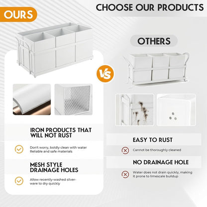Utensil Holder Mesh Drainage Holes, 3pcs Bins Set Countertop Utensil Holder for Spoons, Forks and Knives, Cutlery Organizer Suitable for Party, Kitchen Counter, White