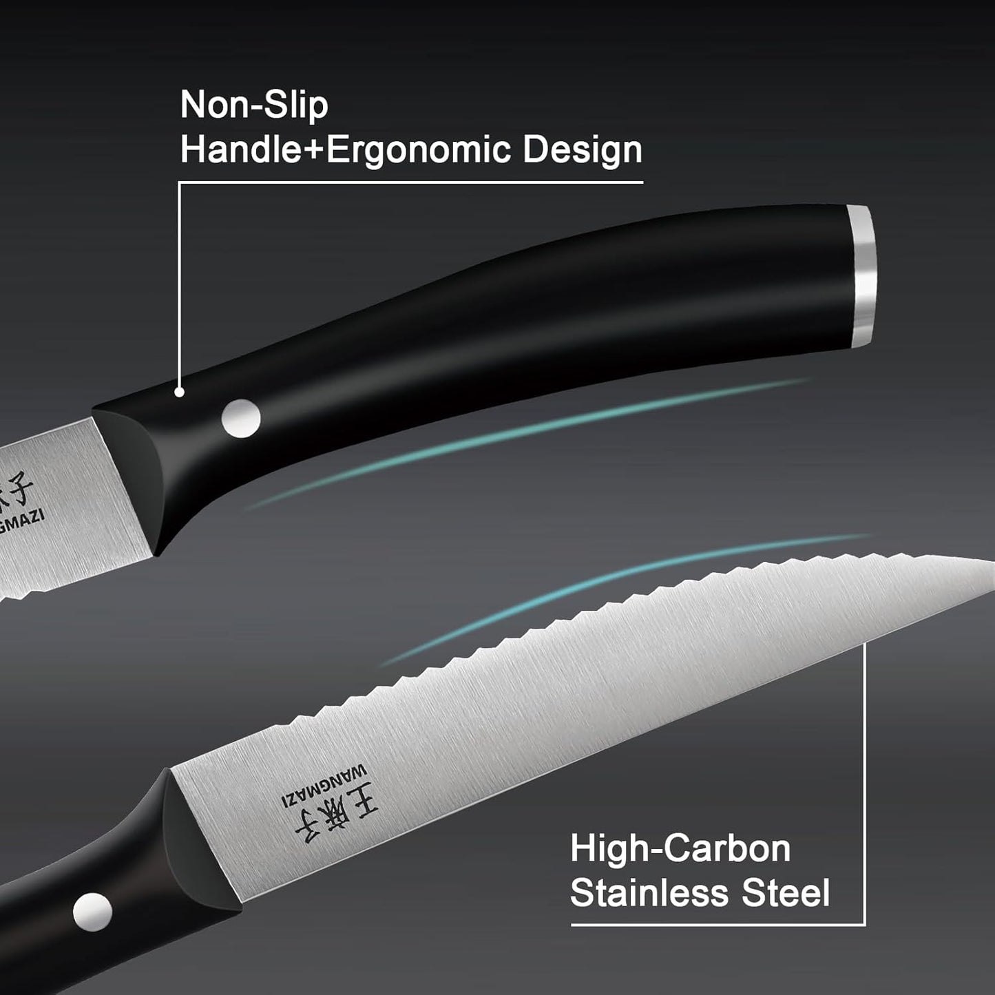 WANGMAZI Exquisite Steak Knife Set of 4,High-carbon Stainless Steel Forged,Lightweight Sharp Steak Knives Set for Kitchen(4.5inch,Black)