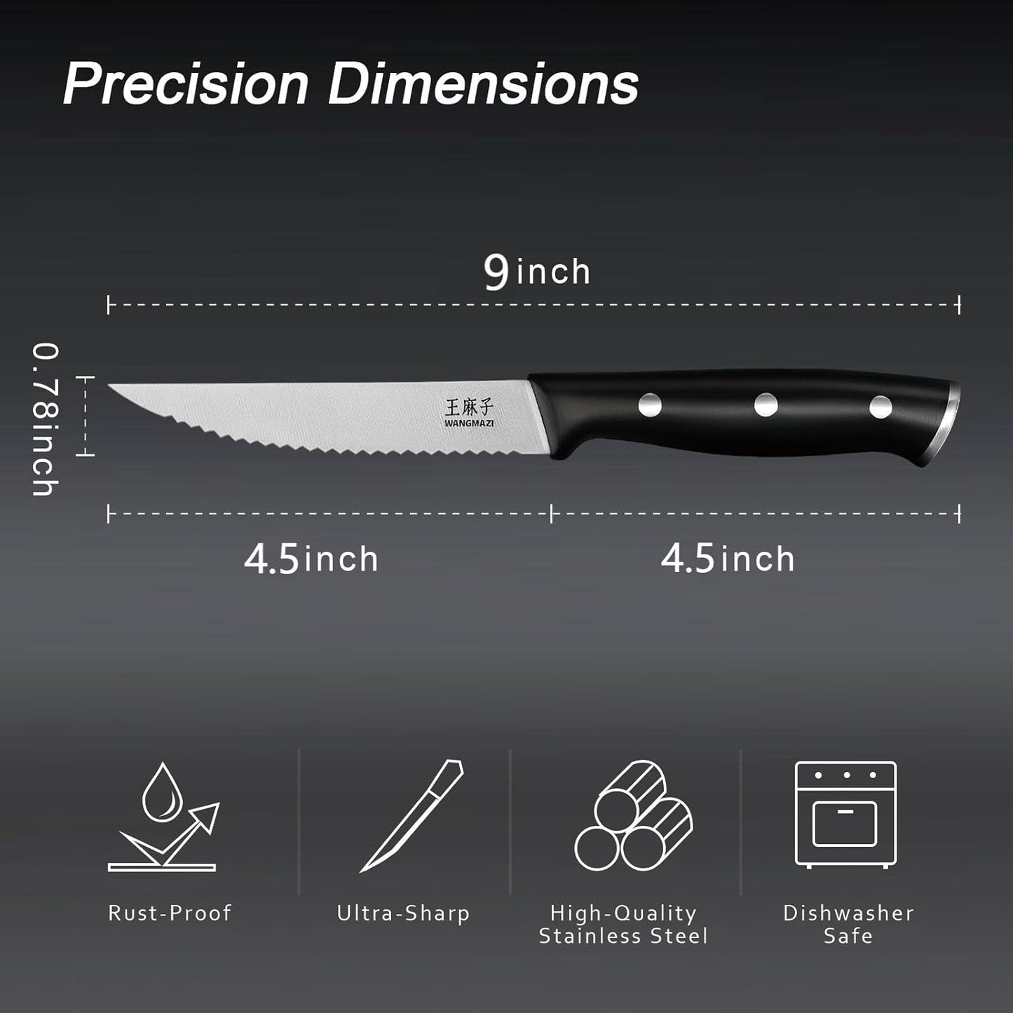 WANGMAZI Exquisite Steak Knife Set of 4,High-carbon Stainless Steel Forged,Lightweight Sharp Steak Knives Set for Kitchen(4.5inch,Black)