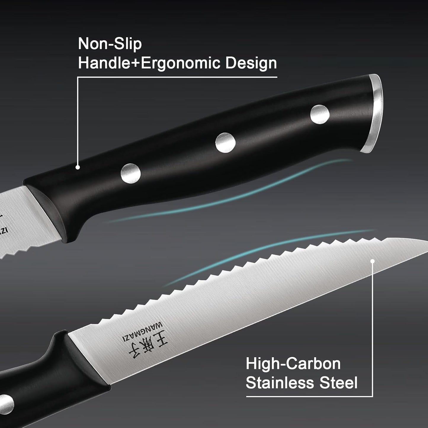 WANGMAZI Exquisite Steak Knife Set of 4,High-carbon Stainless Steel Forged,Lightweight Sharp Steak Knives Set for Kitchen(4.5inch,Black)