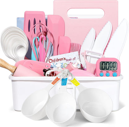 37PCS Kids Cooking Sets Real, Kids Cooking and Baking Gift Set with Storage Case Timer Kid Safe Knives Cutting Board, Toddler Real Kitchen Tools, Birthday Gifts for Girls Boys Age 3 - 8