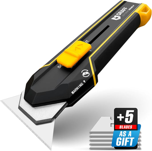 Scraper Utility Knife 4-in-1 Heavy Duty – Retractable Box Cutter, Folding Knife & Scraper Knife – SK5 Carbon Steel Trapezoidal Blades – Carpet & Drywall Cutter with 5 Extra Blades