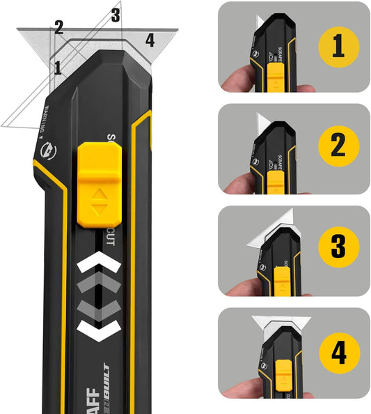 Scraper Utility Knife 4-in-1 Heavy Duty – Retractable Box Cutter, Folding Knife & Scraper Knife – SK5 Carbon Steel Trapezoidal Blades – Carpet & Drywall Cutter with 5 Extra Blades