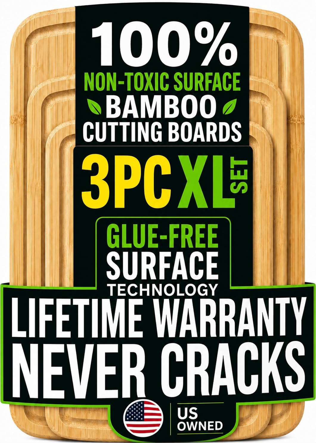 Luxury Bamboo Cutting Board Set of 3 with Glue-Free Surface Technology - Extra Spacious Wood Cutting Boards for Kitchen and XL Chopping Board Set - Replacements for Life