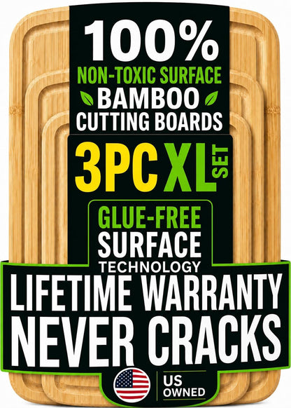 Luxury Bamboo Cutting Board Set of 3 with Glue-Free Surface Technology - Extra Spacious Wood Cutting Boards for Kitchen and XL Chopping Board Set - Replacements for Life