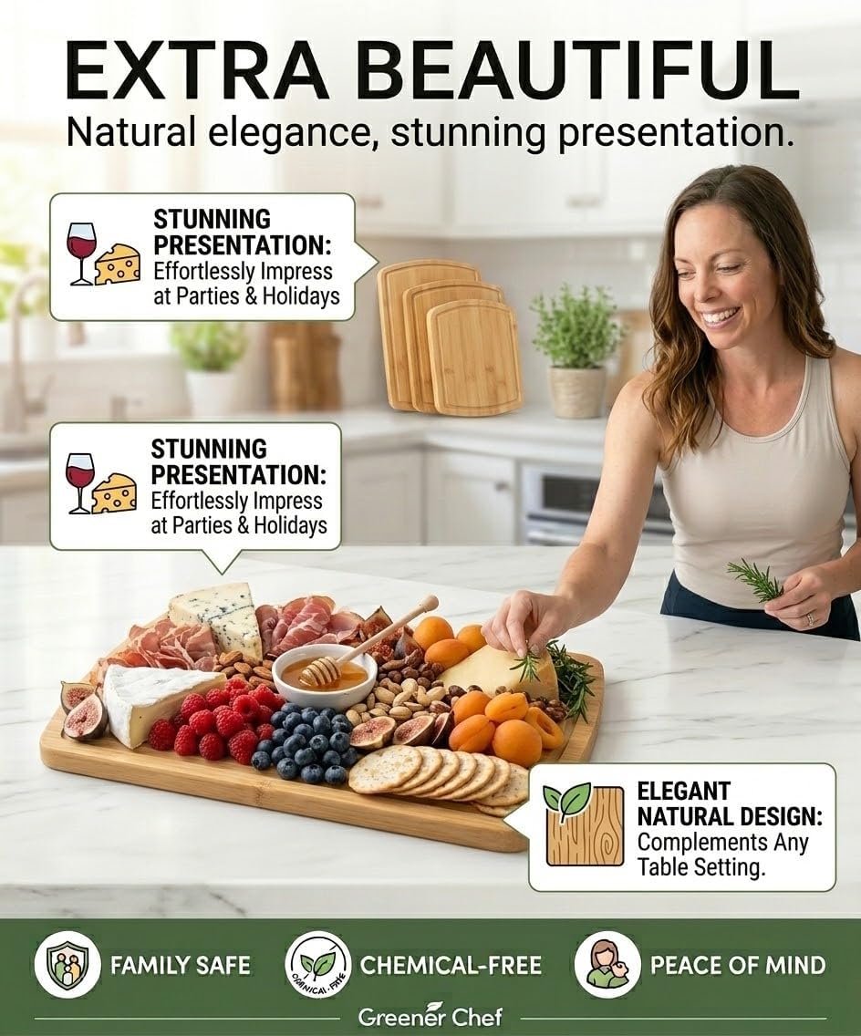 Luxury Bamboo Cutting Board Set of 3 with Glue-Free Surface Technology - Extra Spacious Wood Cutting Boards for Kitchen and XL Chopping Board Set - Replacements for Life