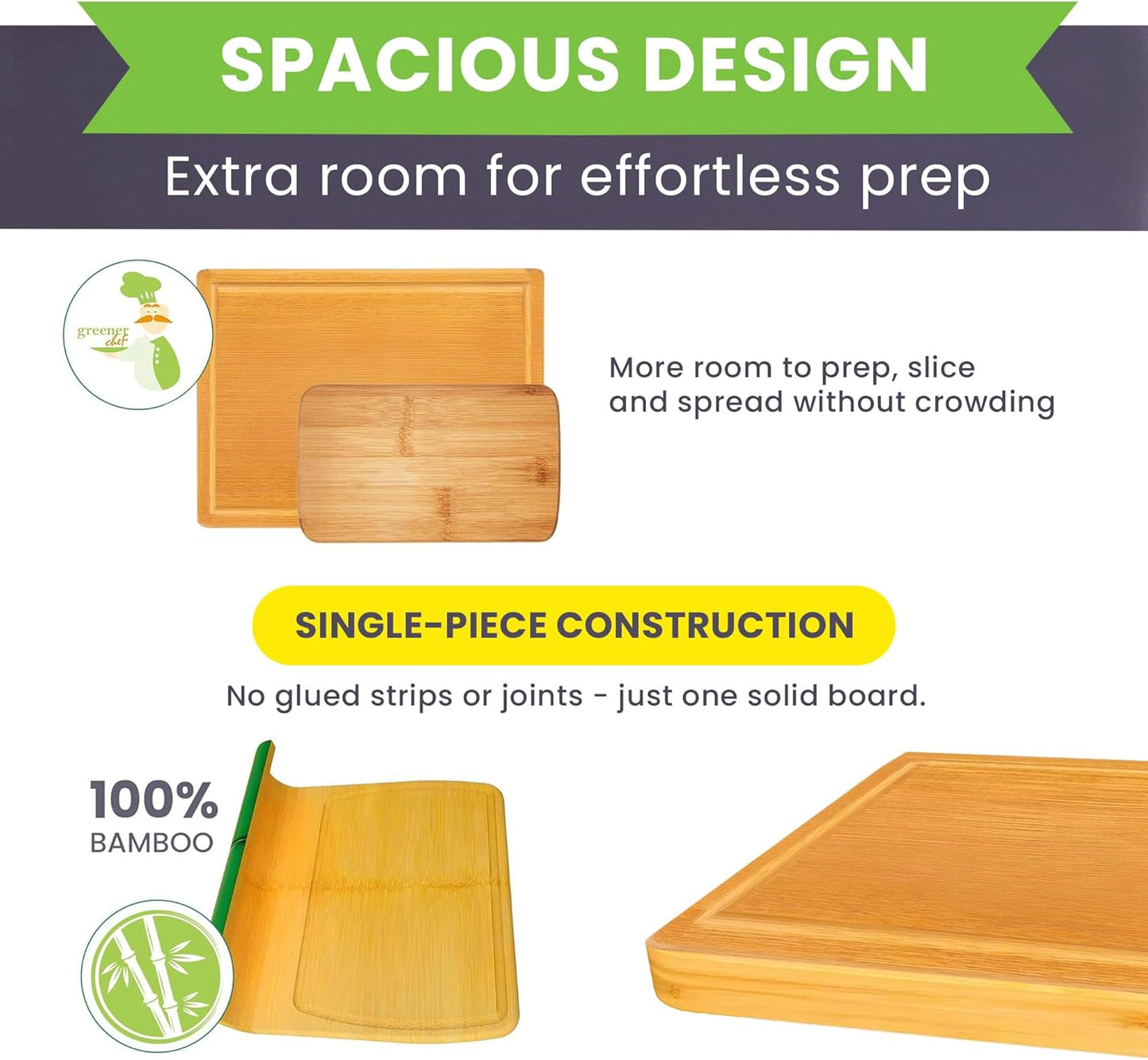 Luxury Bamboo Cutting Board Set of 3 with Glue-Free Surface Technology - Extra Spacious Wood Cutting Boards for Kitchen and XL Chopping Board Set - Replacements for Life