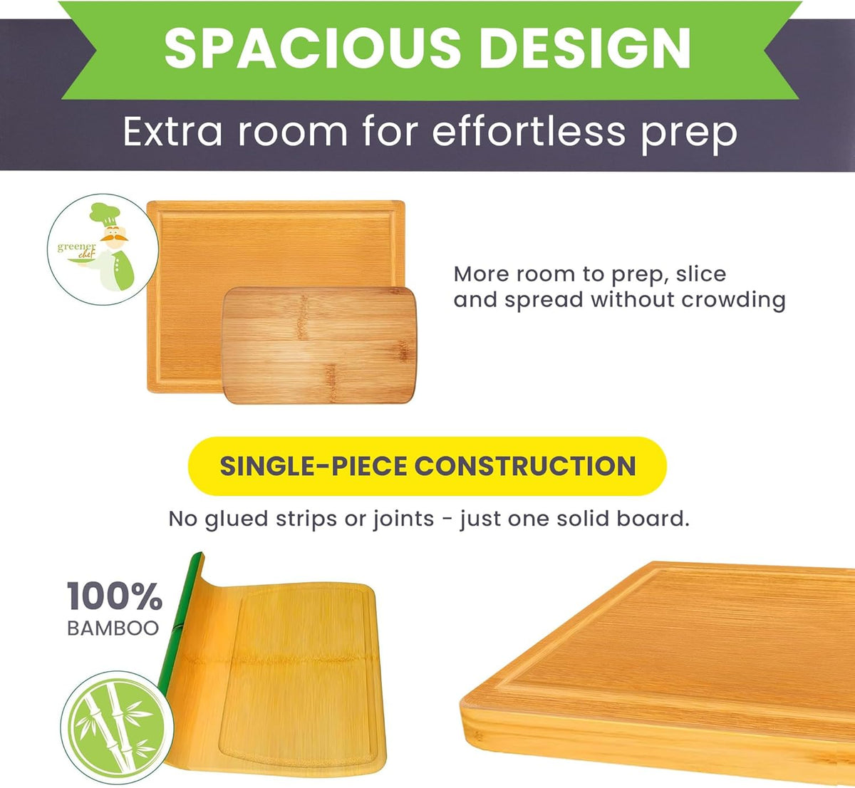 Luxury Bamboo Cutting Board Set of 3 with Glue-Free Surface Technology - Extra Spacious Wood Cutting Boards for Kitchen and XL Chopping Board Set - Replacements for Life
