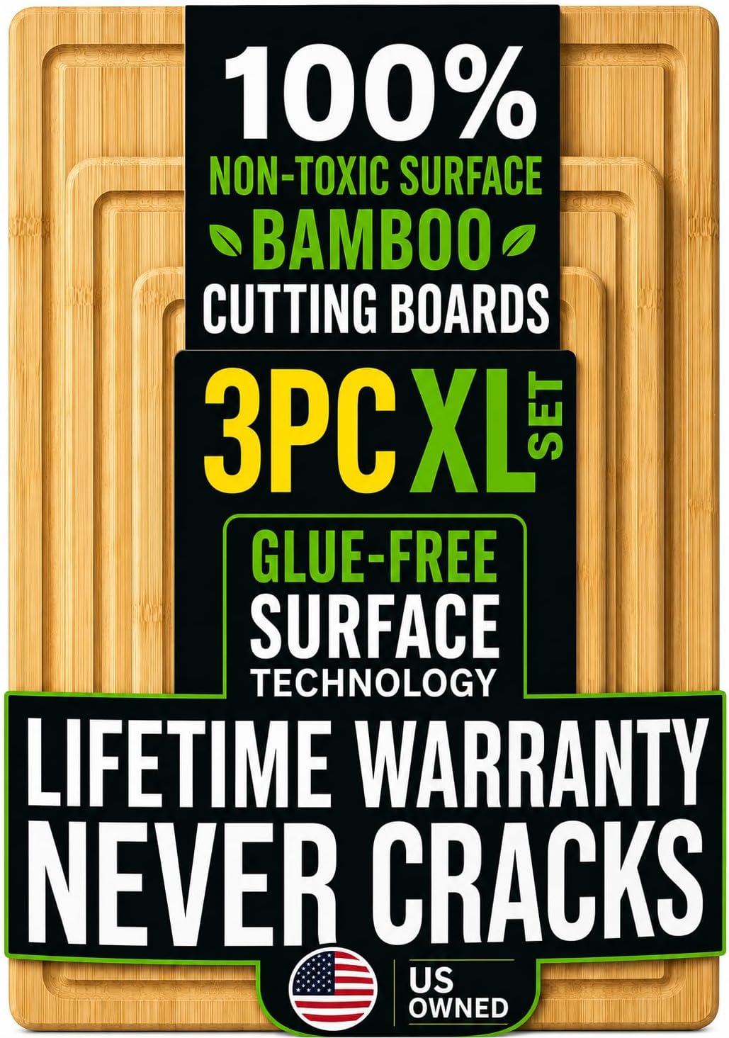 Luxury Bamboo Cutting Board Set of 3 with Glue-Free Surface Technology - Extra Spacious Wood Cutting Boards for Kitchen and XL Chopping Board Set - Replacements for Life