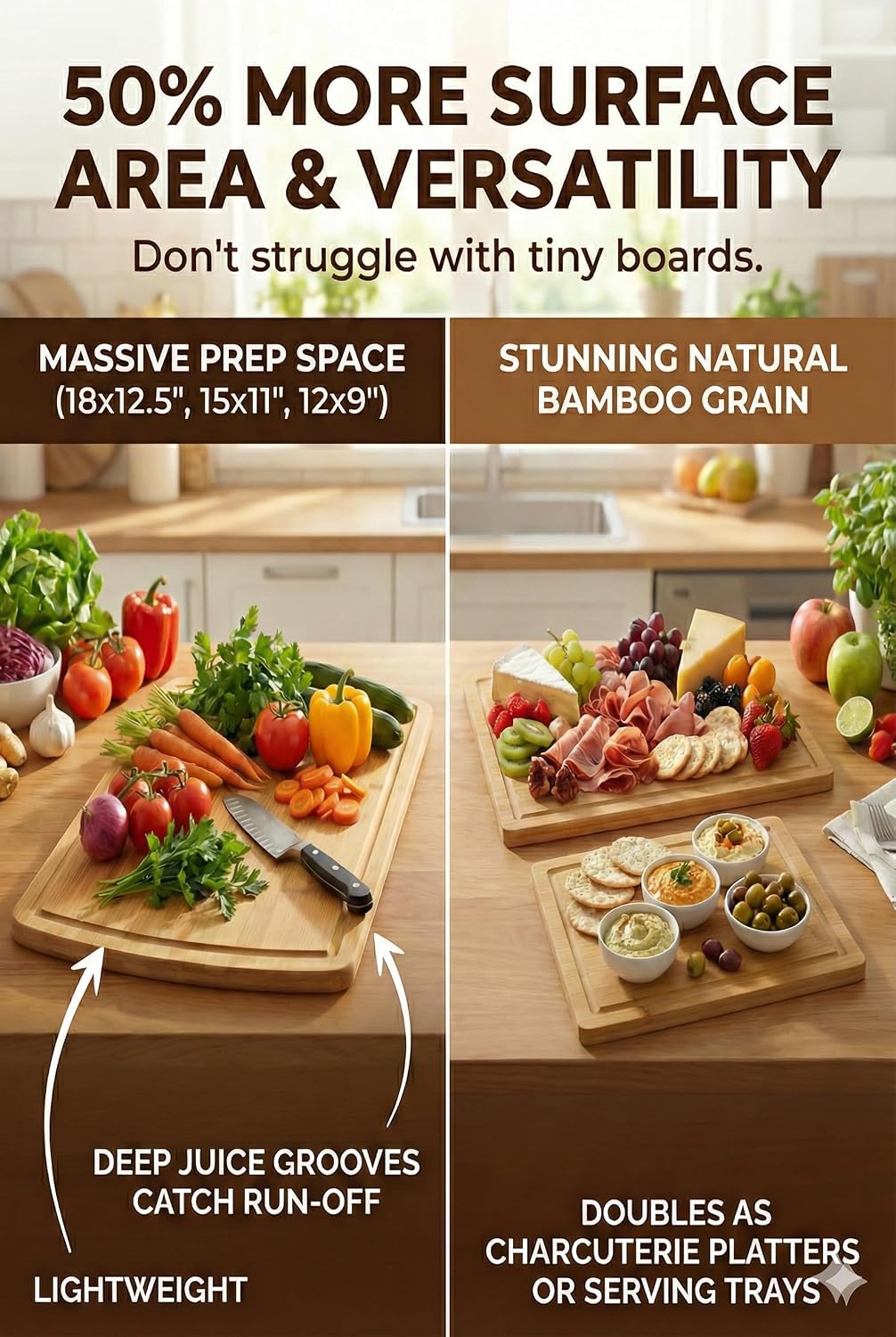 Luxury Bamboo Cutting Board Set of 3 with Glue-Free Surface Technology - Extra Spacious Wood Cutting Boards for Kitchen and XL Chopping Board Set - Replacements for Life