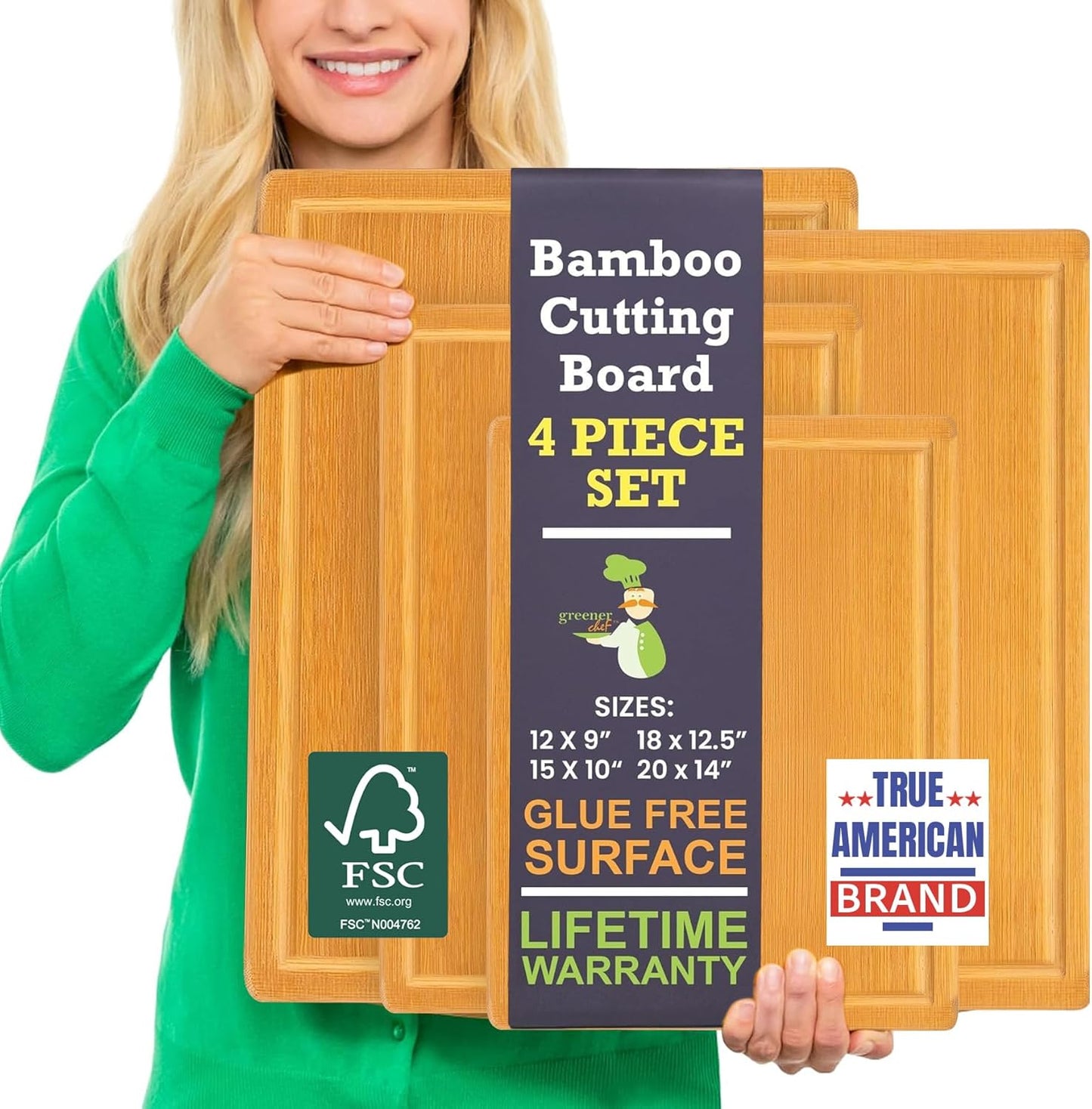 Luxury Bamboo Cutting Board Set of 3 with Glue-Free Surface Technology - Extra Spacious Wood Cutting Boards for Kitchen and XL Chopping Board Set - Replacements for Life