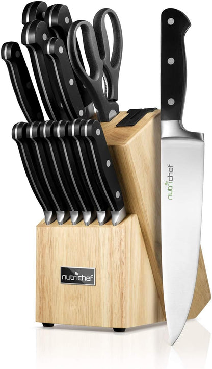 NutriChef 13 Piece Kitchen Knife Set - German Stainless Steel Kitchen Precision Knives Set w/ 6 Steak Knives & Bonus Scissors, Wooden Block Stand w/Sharpener - Slicing, Chopping, Dicing - NCKNS13