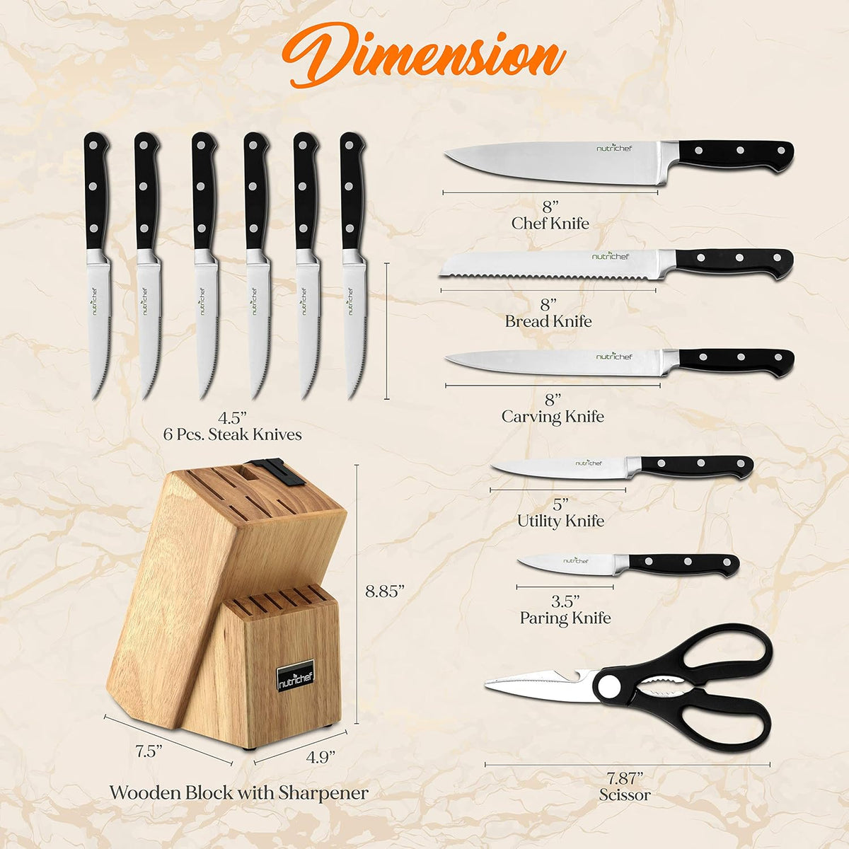 NutriChef 13 Piece Kitchen Knife Set - German Stainless Steel Kitchen Precision Knives Set w/ 6 Steak Knives & Bonus Scissors, Wooden Block Stand w/Sharpener - Slicing, Chopping, Dicing - NCKNS13