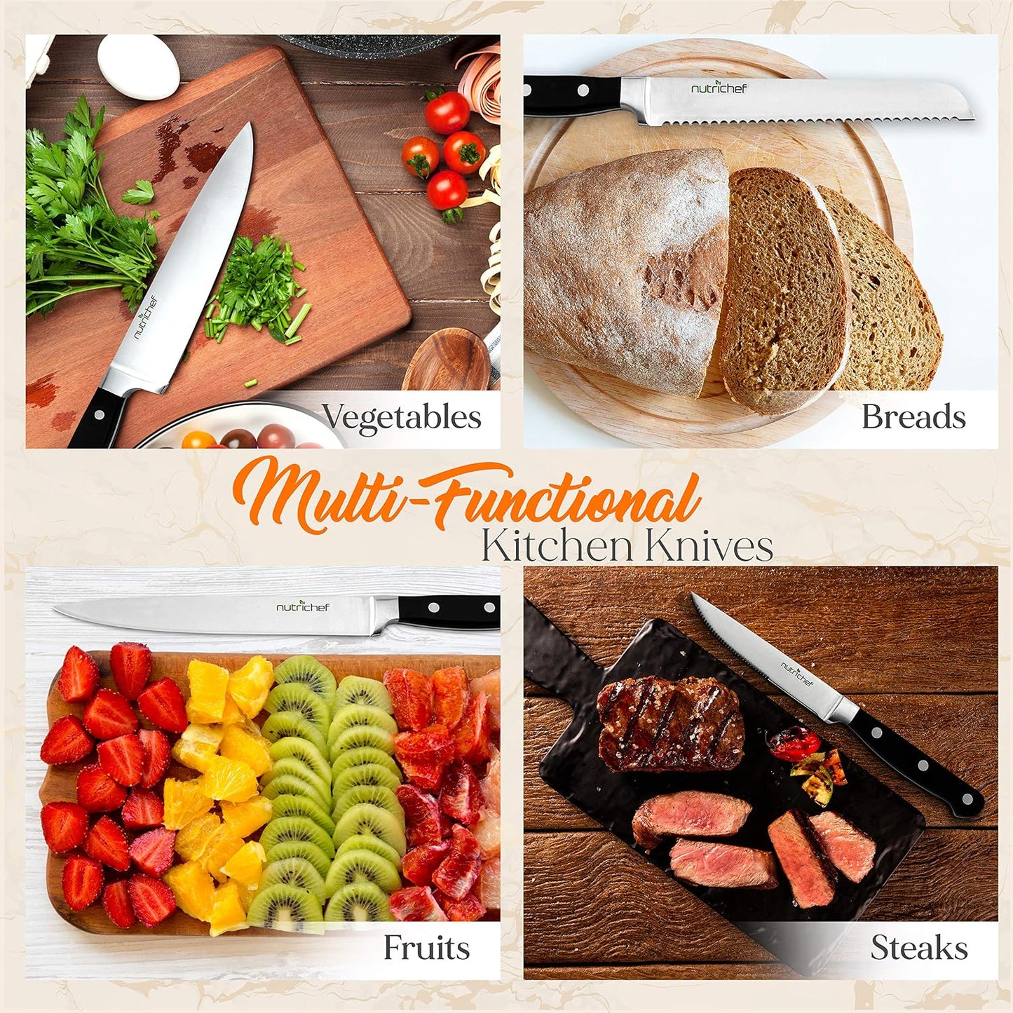 NutriChef 13 Piece Kitchen Knife Set - German Stainless Steel Kitchen Precision Knives Set w/ 6 Steak Knives & Bonus Scissors, Wooden Block Stand w/Sharpener - Slicing, Chopping, Dicing - NCKNS13
