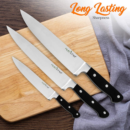 NutriChef 13 Piece Kitchen Knife Set - German Stainless Steel Kitchen Precision Knives Set w/ 6 Steak Knives & Bonus Scissors, Wooden Block Stand w/Sharpener - Slicing, Chopping, Dicing - NCKNS13