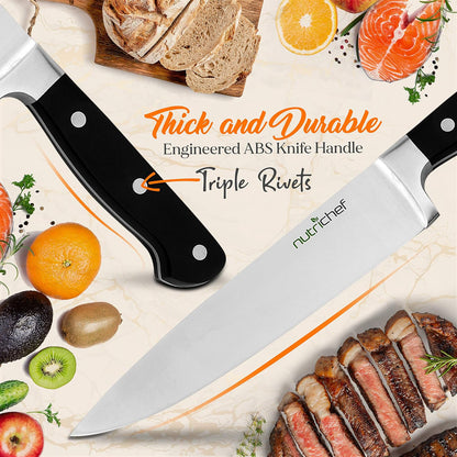 NutriChef 13 Piece Kitchen Knife Set - German Stainless Steel Kitchen Precision Knives Set w/ 6 Steak Knives & Bonus Scissors, Wooden Block Stand w/Sharpener - Slicing, Chopping, Dicing - NCKNS13