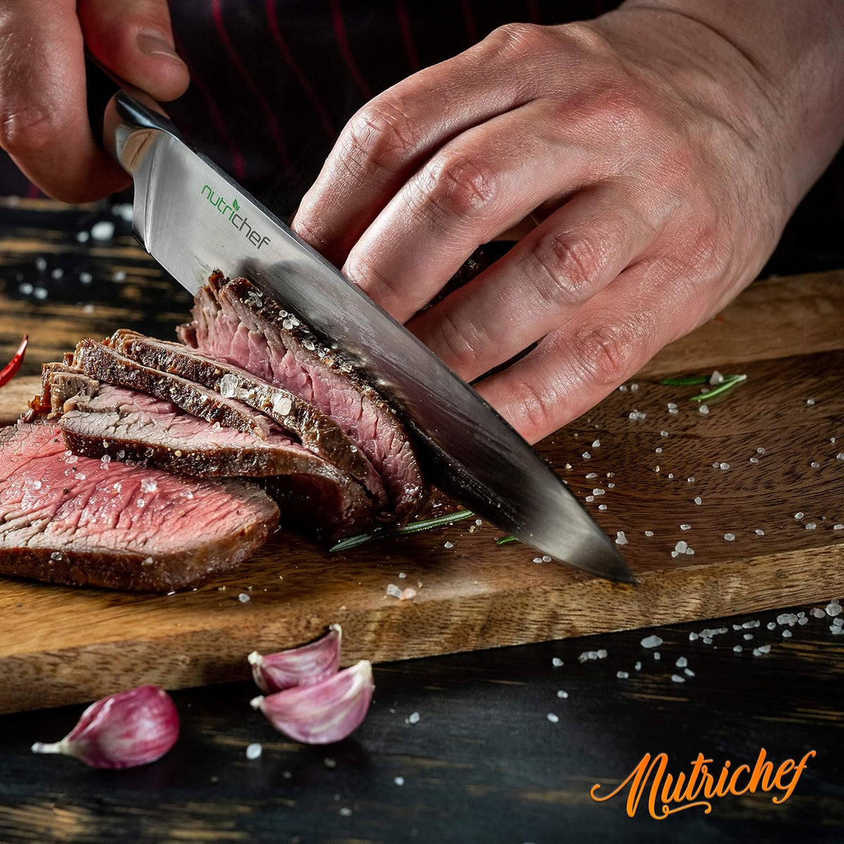 NutriChef 13 Piece Kitchen Knife Set - German Stainless Steel Kitchen Precision Knives Set w/ 6 Steak Knives & Bonus Scissors, Wooden Block Stand w/Sharpener - Slicing, Chopping, Dicing - NCKNS13