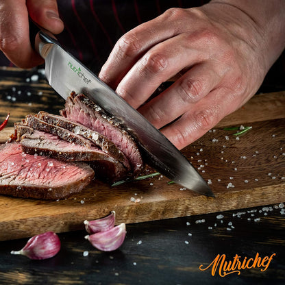 NutriChef 13 Piece Kitchen Knife Set - German Stainless Steel Kitchen Precision Knives Set w/ 6 Steak Knives & Bonus Scissors, Wooden Block Stand w/Sharpener - Slicing, Chopping, Dicing - NCKNS13