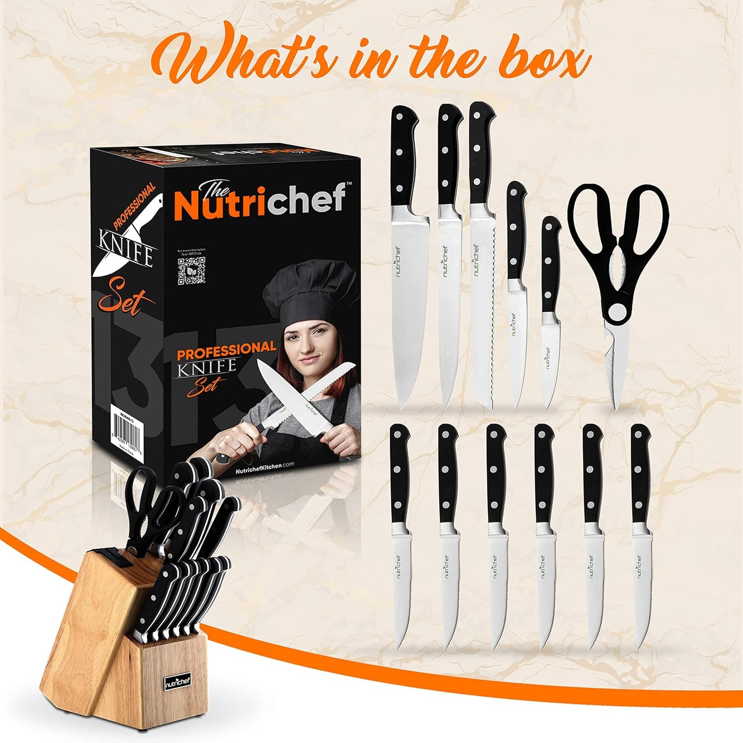 NutriChef 13 Piece Kitchen Knife Set - German Stainless Steel Kitchen Precision Knives Set w/ 6 Steak Knives & Bonus Scissors, Wooden Block Stand w/Sharpener - Slicing, Chopping, Dicing - NCKNS13