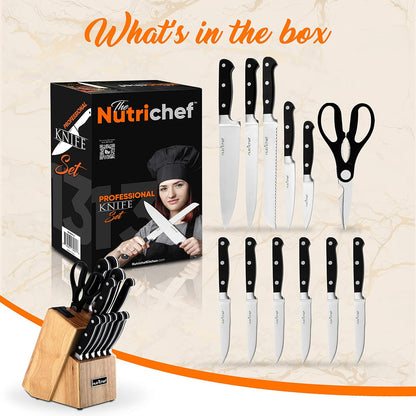 NutriChef 13 Piece Kitchen Knife Set - German Stainless Steel Kitchen Precision Knives Set w/ 6 Steak Knives & Bonus Scissors, Wooden Block Stand w/Sharpener - Slicing, Chopping, Dicing - NCKNS13