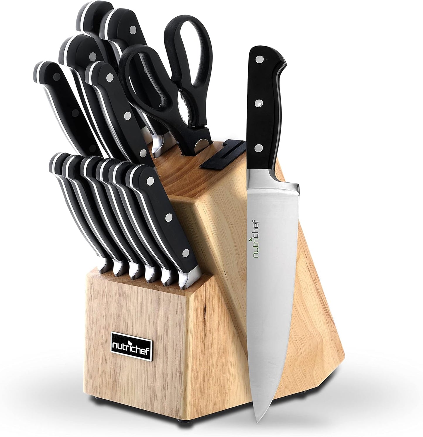 NutriChef 13 Piece Kitchen Knife Set - German Stainless Steel Kitchen Precision Knives Set w/ 6 Steak Knives & Bonus Scissors, Wooden Block Stand w/Sharpener - Slicing, Chopping, Dicing - NCKNS13