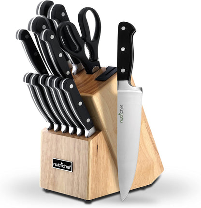 NutriChef 13 Piece Kitchen Knife Set - German Stainless Steel Kitchen Precision Knives Set w/ 6 Steak Knives & Bonus Scissors, Wooden Block Stand w/Sharpener - Slicing, Chopping, Dicing - NCKNS13