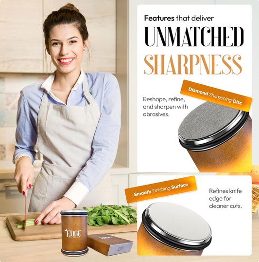 Rolling Knife Sharpener Kit, Magnetic 15° & 20° Angle Guides, Diamond & Ceramic Discs, Manual Rolling Knife Sharpener Tool for Razor-Sharp Kitchen gadgets, Chef & Outdoor Knives (Brown Gold)