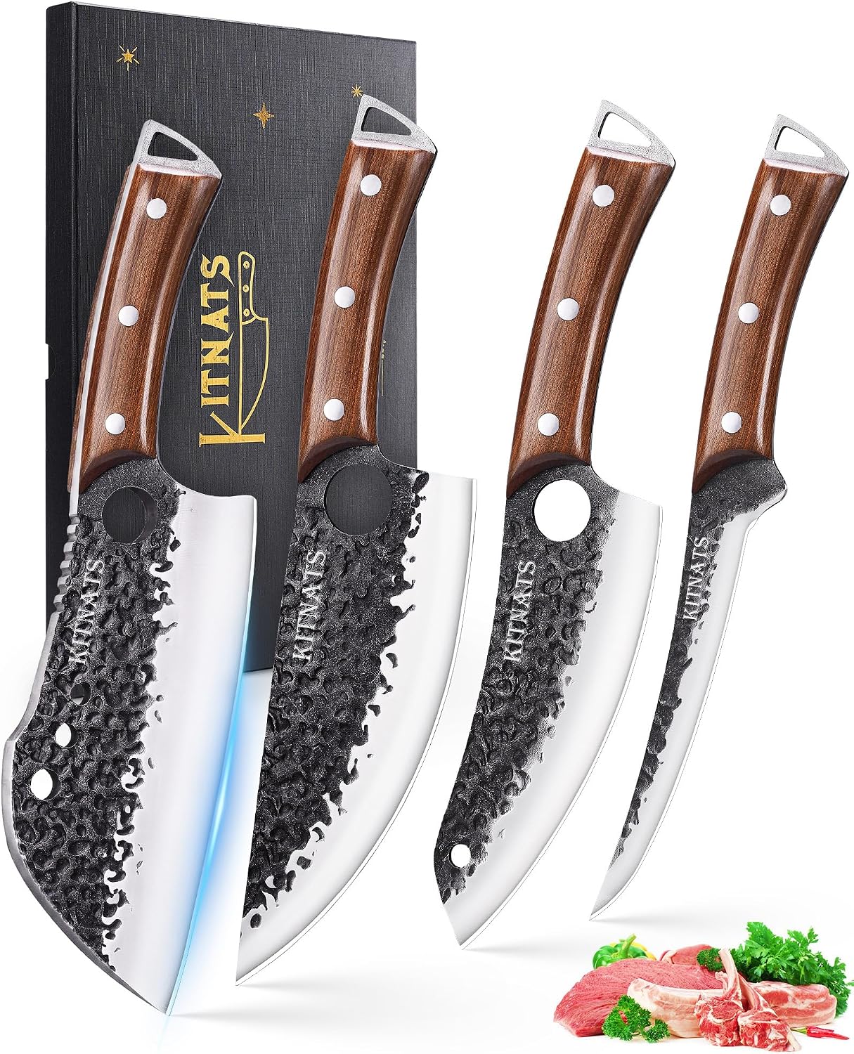 4PCS Butcher Knife Set, Hand Forged Full Tang BBQ Knives | Includes butcher knife, chef knife, BBQ prep knife and boning knife for meat cutting, grilling, kitchen prep and gifting