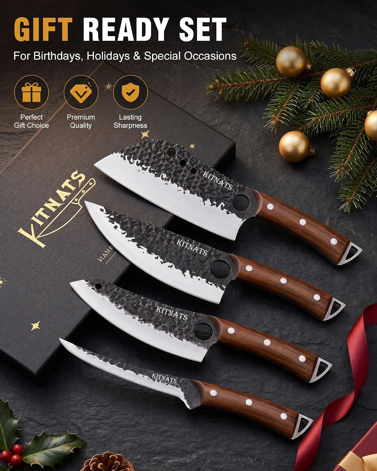 4PCS Butcher Knife Set, Hand Forged Full Tang BBQ Knives | Includes butcher knife, chef knife, BBQ prep knife and boning knife for meat cutting, grilling, kitchen prep and gifting