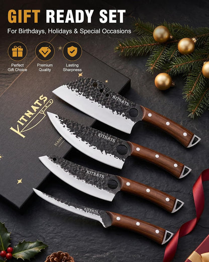 4PCS Butcher Knife Set, Hand Forged Full Tang BBQ Knives | Includes butcher knife, chef knife, BBQ prep knife and boning knife for meat cutting, grilling, kitchen prep and gifting