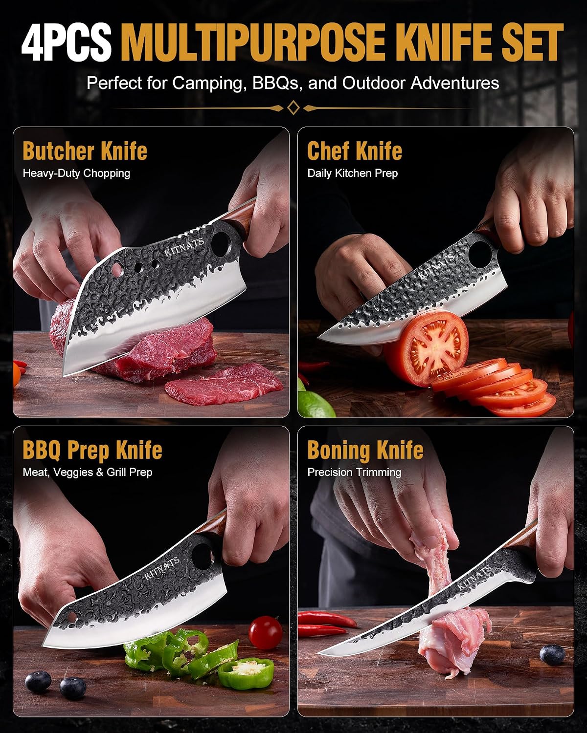 4PCS Butcher Knife Set, Hand Forged Full Tang BBQ Knives | Includes butcher knife, chef knife, BBQ prep knife and boning knife for meat cutting, grilling, kitchen prep and gifting