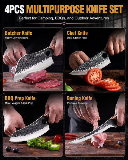 4PCS Butcher Knife Set, Hand Forged Full Tang BBQ Knives | Includes butcher knife, chef knife, BBQ prep knife and boning knife for meat cutting, grilling, kitchen prep and gifting