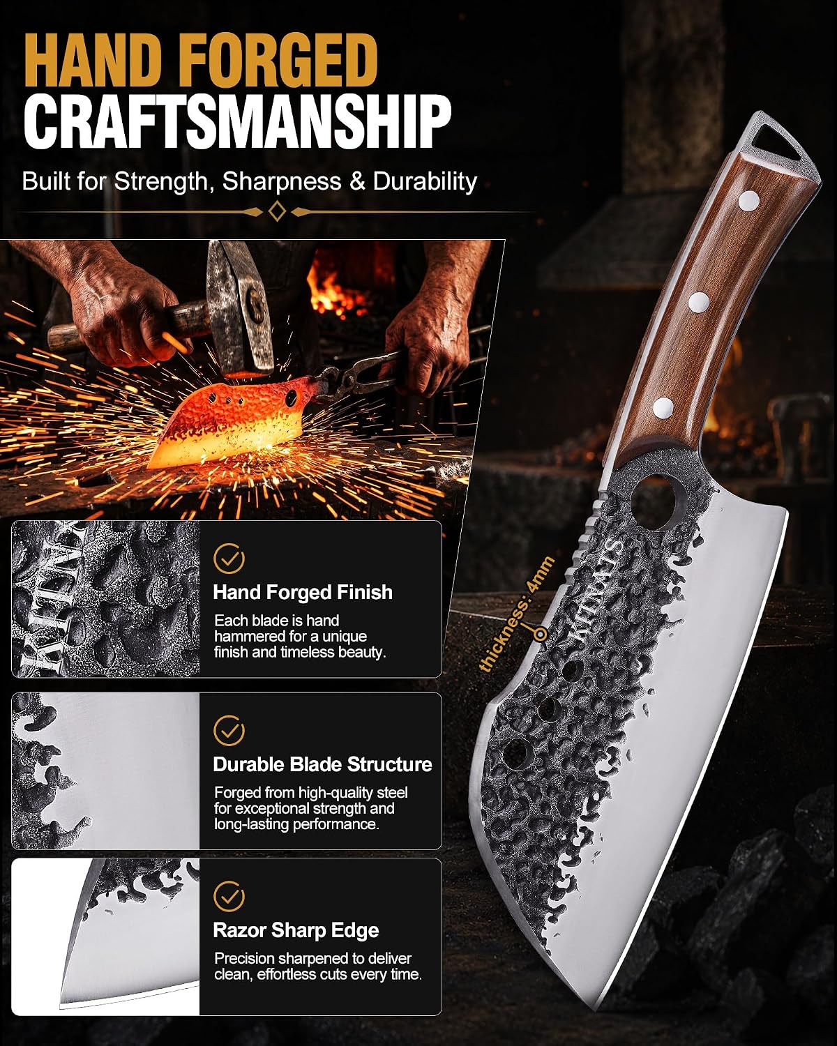 4PCS Butcher Knife Set, Hand Forged Full Tang BBQ Knives | Includes butcher knife, chef knife, BBQ prep knife and boning knife for meat cutting, grilling, kitchen prep and gifting