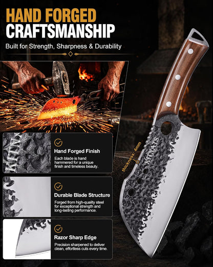 4PCS Butcher Knife Set, Hand Forged Full Tang BBQ Knives | Includes butcher knife, chef knife, BBQ prep knife and boning knife for meat cutting, grilling, kitchen prep and gifting