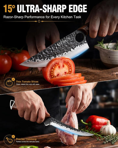 4PCS Butcher Knife Set, Hand Forged Full Tang BBQ Knives | Includes butcher knife, chef knife, BBQ prep knife and boning knife for meat cutting, grilling, kitchen prep and gifting