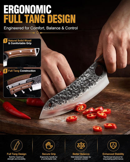 4PCS Butcher Knife Set, Hand Forged Full Tang BBQ Knives | Includes butcher knife, chef knife, BBQ prep knife and boning knife for meat cutting, grilling, kitchen prep and gifting