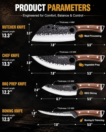 4PCS Butcher Knife Set, Hand Forged Full Tang BBQ Knives | Includes butcher knife, chef knife, BBQ prep knife and boning knife for meat cutting, grilling, kitchen prep and gifting