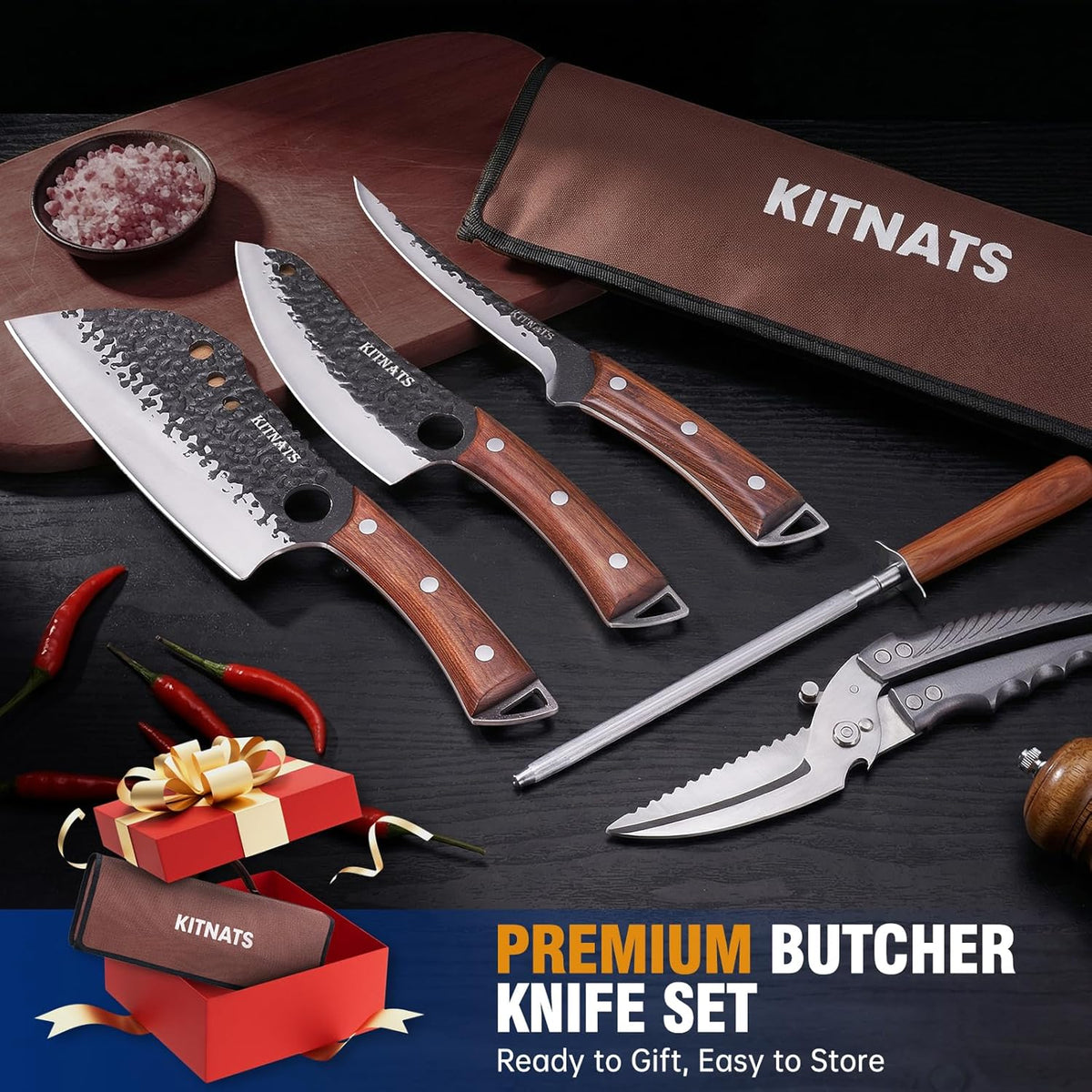 4PCS Butcher Knife Set, Hand Forged Full Tang BBQ Knives | Includes butcher knife, chef knife, BBQ prep knife and boning knife for meat cutting, grilling, kitchen prep and gifting