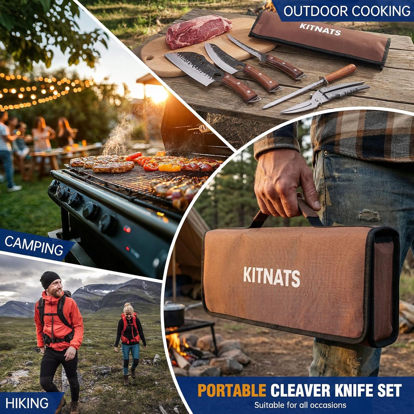 4PCS Butcher Knife Set, Hand Forged Full Tang BBQ Knives | Includes butcher knife, chef knife, BBQ prep knife and boning knife for meat cutting, grilling, kitchen prep and gifting