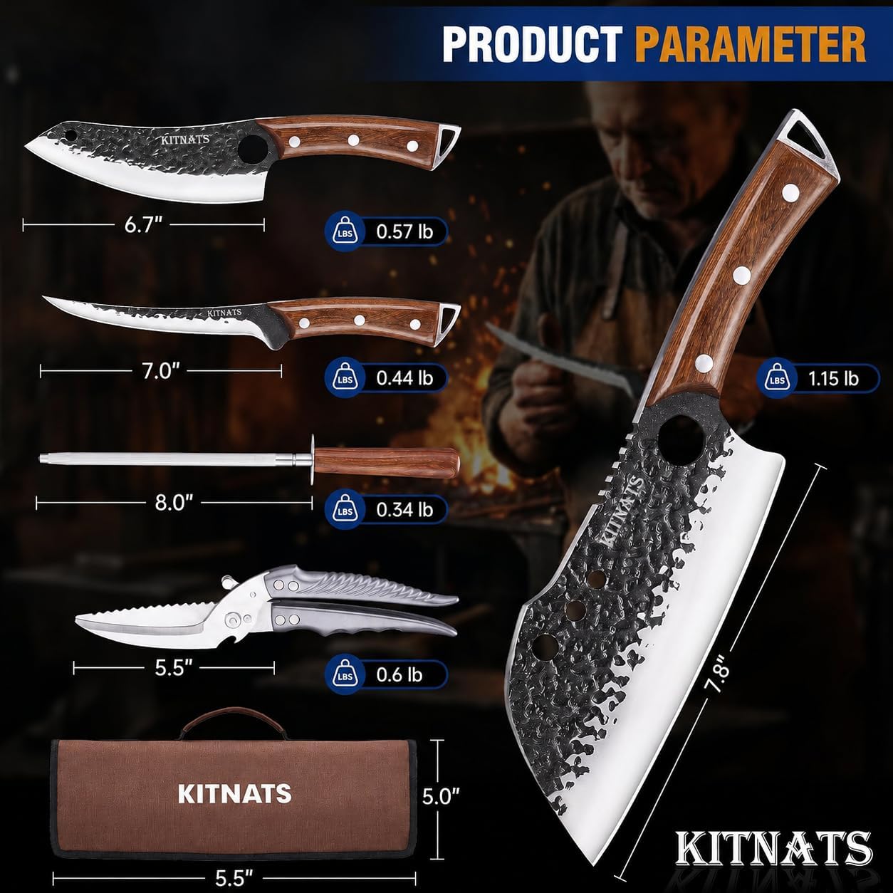 4PCS Butcher Knife Set, Hand Forged Full Tang BBQ Knives | Includes butcher knife, chef knife, BBQ prep knife and boning knife for meat cutting, grilling, kitchen prep and gifting