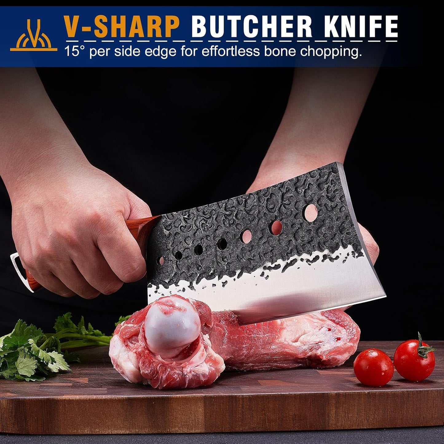 4PCS Butcher Knife Set, Hand Forged Full Tang BBQ Knives | Includes butcher knife, chef knife, BBQ prep knife and boning knife for meat cutting, grilling, kitchen prep and gifting