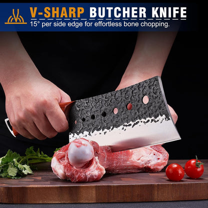 4PCS Butcher Knife Set, Hand Forged Full Tang BBQ Knives | Includes butcher knife, chef knife, BBQ prep knife and boning knife for meat cutting, grilling, kitchen prep and gifting
