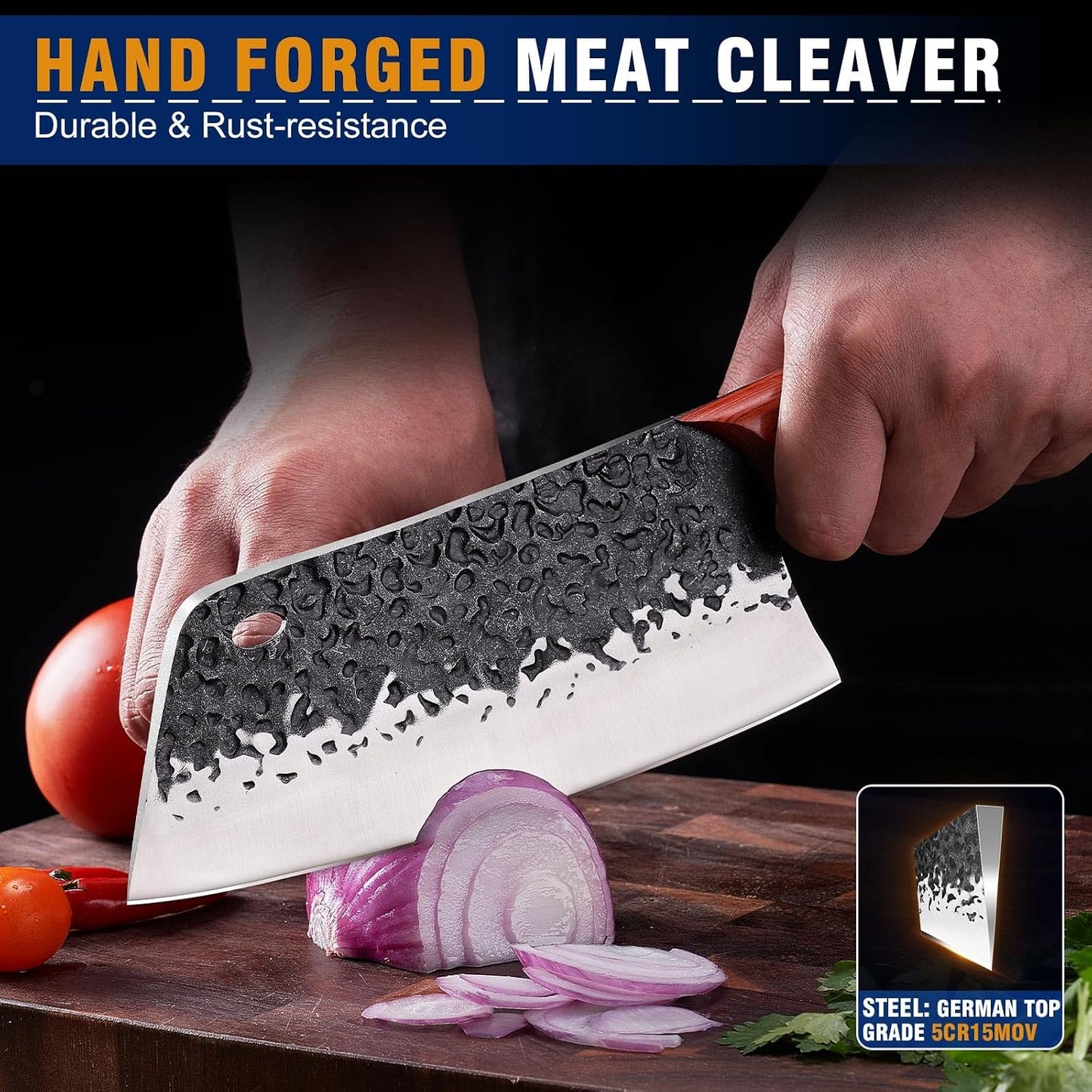 4PCS Butcher Knife Set, Hand Forged Full Tang BBQ Knives | Includes butcher knife, chef knife, BBQ prep knife and boning knife for meat cutting, grilling, kitchen prep and gifting