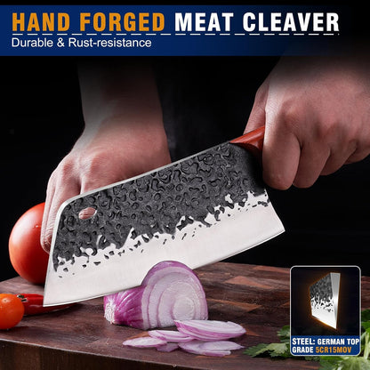 4PCS Butcher Knife Set, Hand Forged Full Tang BBQ Knives | Includes butcher knife, chef knife, BBQ prep knife and boning knife for meat cutting, grilling, kitchen prep and gifting