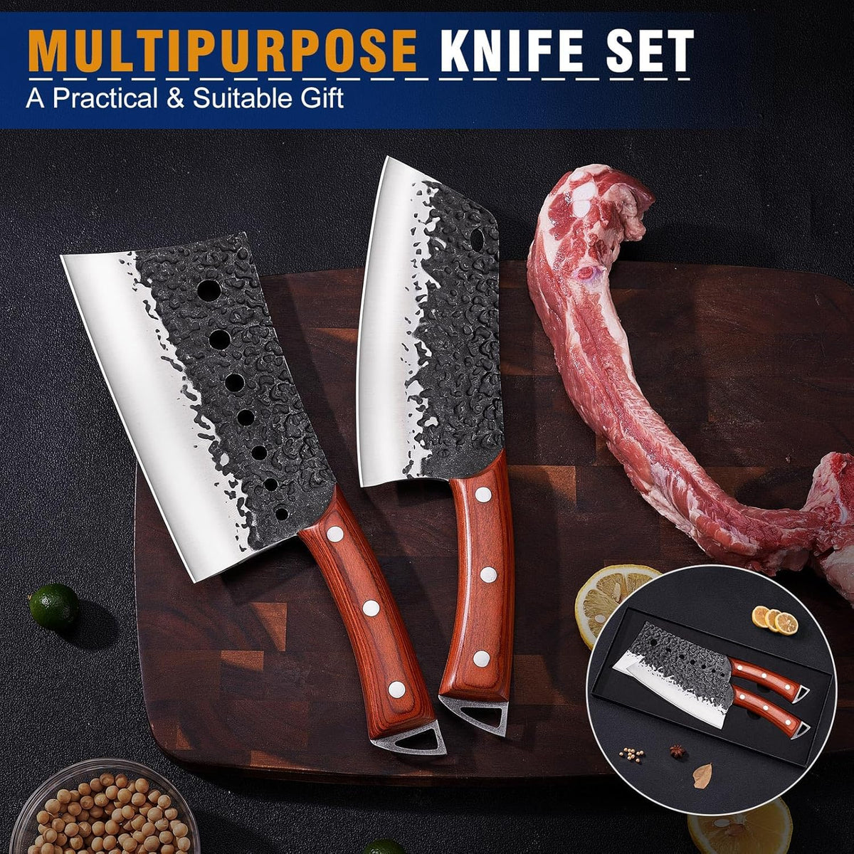 4PCS Butcher Knife Set, Hand Forged Full Tang BBQ Knives | Includes butcher knife, chef knife, BBQ prep knife and boning knife for meat cutting, grilling, kitchen prep and gifting