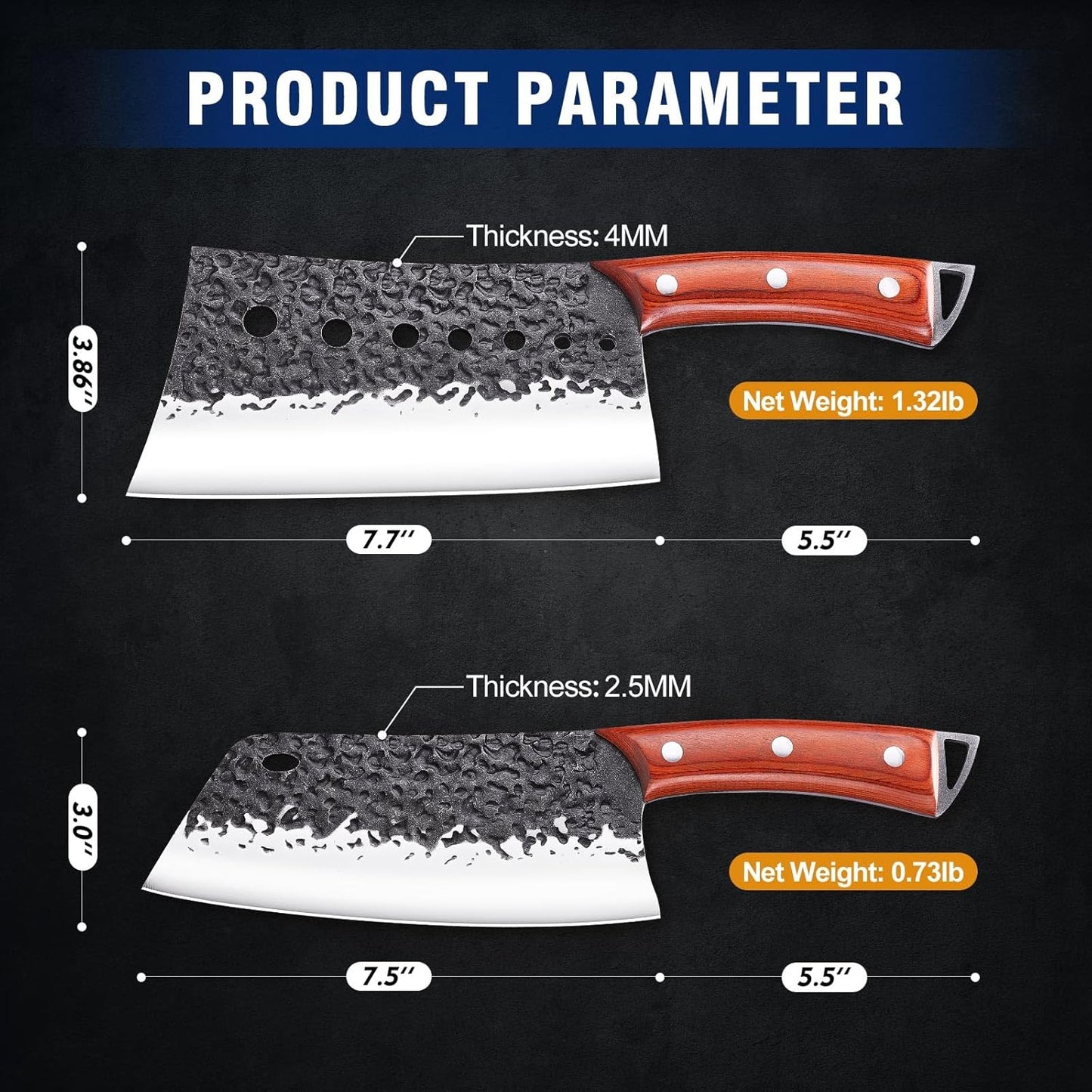 4PCS Butcher Knife Set, Hand Forged Full Tang BBQ Knives | Includes butcher knife, chef knife, BBQ prep knife and boning knife for meat cutting, grilling, kitchen prep and gifting