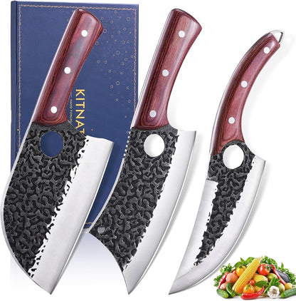 4PCS Butcher Knife Set, Hand Forged Full Tang BBQ Knives | Includes butcher knife, chef knife, BBQ prep knife and boning knife for meat cutting, grilling, kitchen prep and gifting
