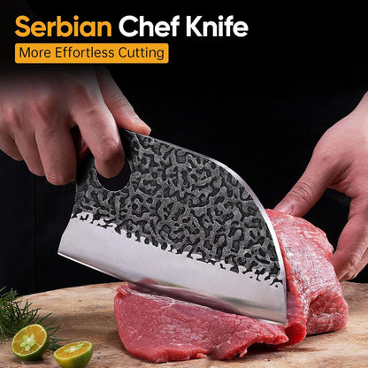 4PCS Butcher Knife Set, Hand Forged Full Tang BBQ Knives | Includes butcher knife, chef knife, BBQ prep knife and boning knife for meat cutting, grilling, kitchen prep and gifting