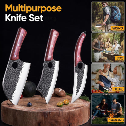 4PCS Butcher Knife Set, Hand Forged Full Tang BBQ Knives | Includes butcher knife, chef knife, BBQ prep knife and boning knife for meat cutting, grilling, kitchen prep and gifting